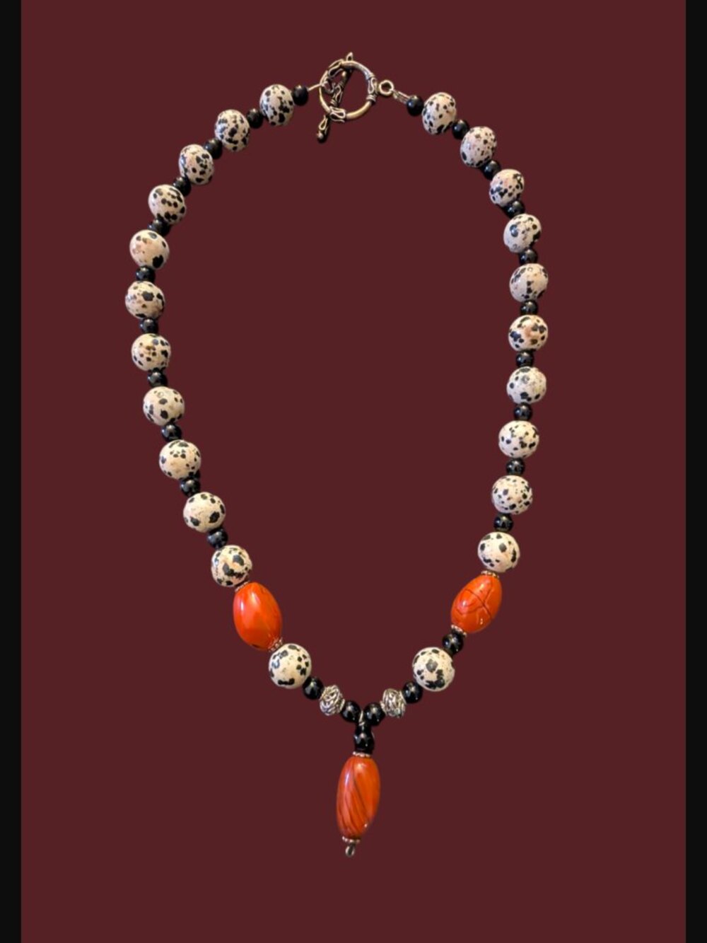 925 Sterling Clasp Dalmatian Red Jasper Black Onyx Bead Chunky Necklace 21"